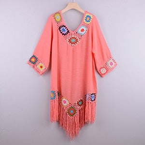 White Hollow Bathing Suit Cover Up With Fringe Trim