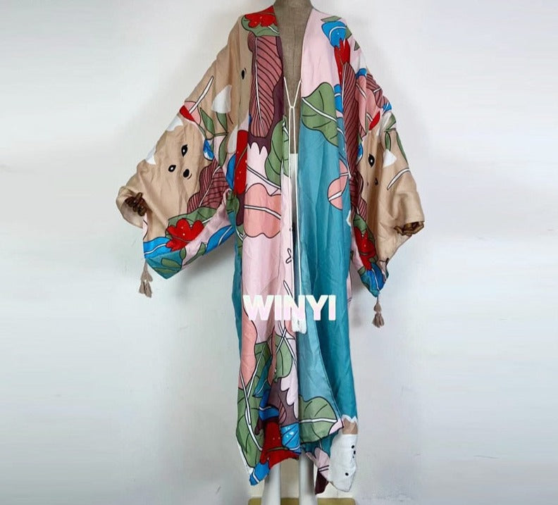 Boho Cotton Self Belted Tunic Kimono Wrap Dress