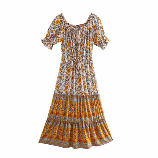 Floral Print Short Sleeve Beach Off Shoulder Boho Dress