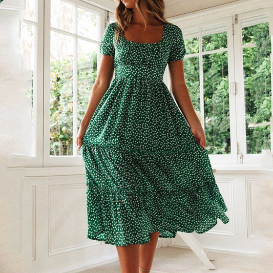 Casual Puff Sleeve Floral Print Long Slim Dress