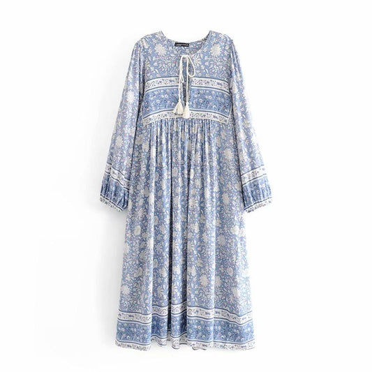 Floral Porcelain Long Sleeve Lace-up Tassel Rayon Dress