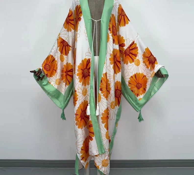 Boho Cotton Self Belted Tunic Kimono Wrap Dress
