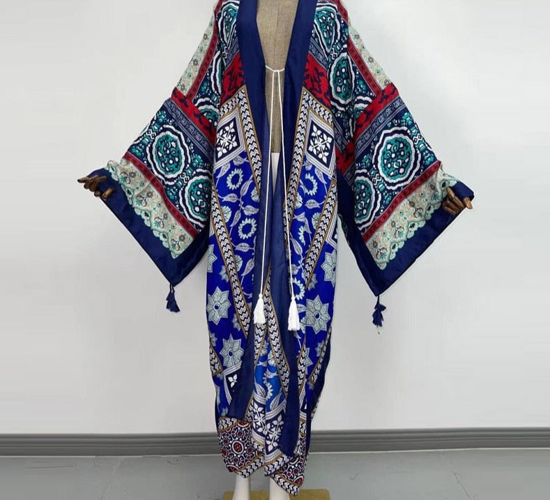 Boho Cotton Self Belted Tunic Kimono Wrap Dress