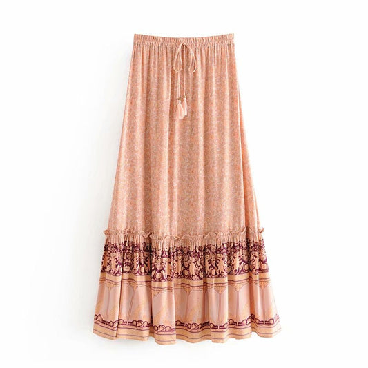 Boho Floral Peacock Print High Elastic Waist Rayon A-Line Skirt