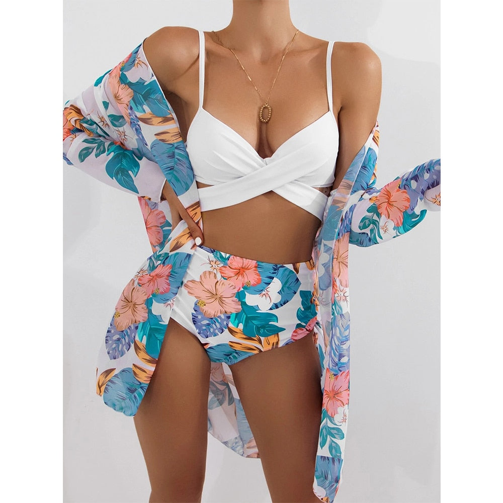Women Printed High Waist Sexy Bikini And Cover Set - Large