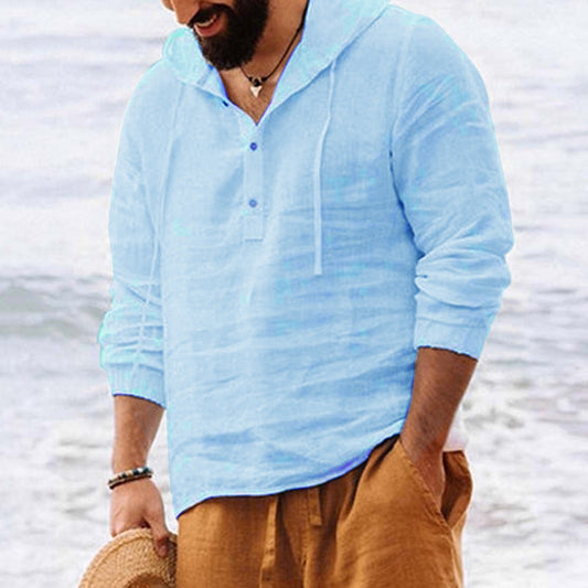 Autumn Hooded Solid Color Cotton Buttons Beach Shirt