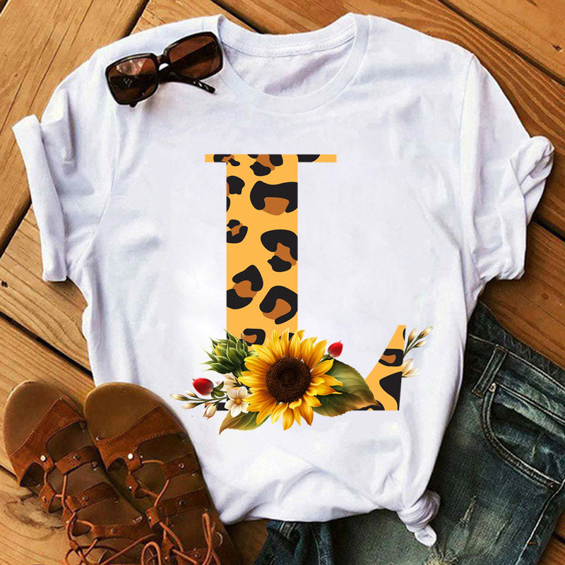 Leopard Sunflower Letter Print T- Shirt
