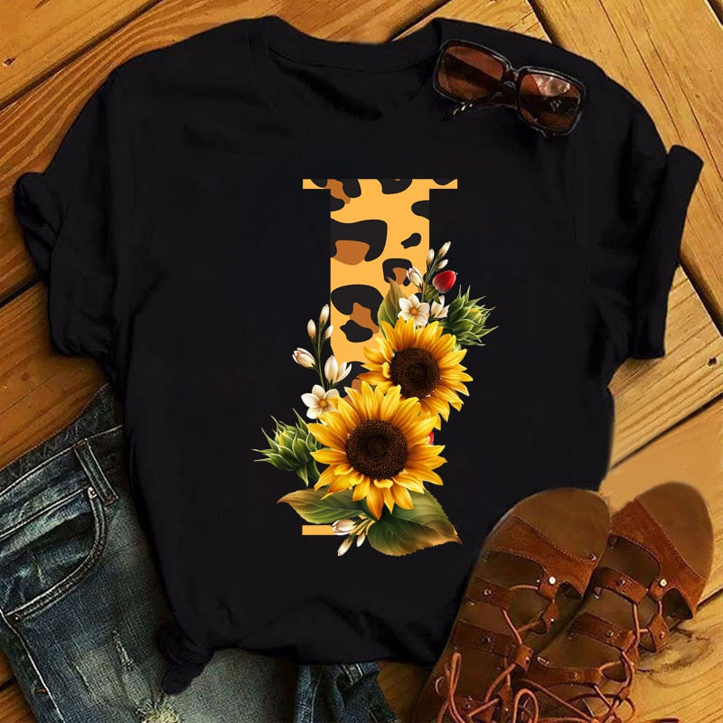 Leopard Sunflower Letter Print T- Shirt