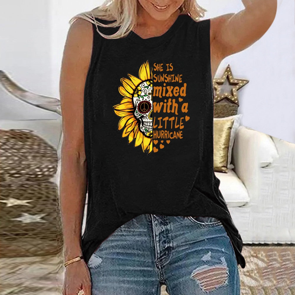 She Is Sunshine Sunflower Skull Funny Graphic Sleeveless Tshirt
