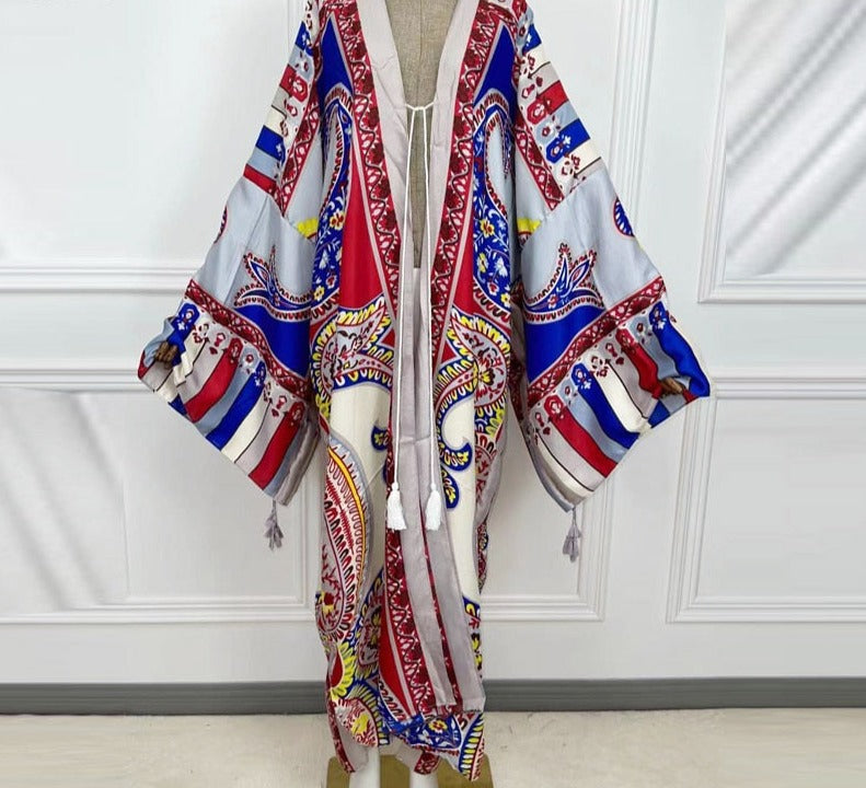 Boho Cotton Self Belted Tunic Kimono Wrap Dress