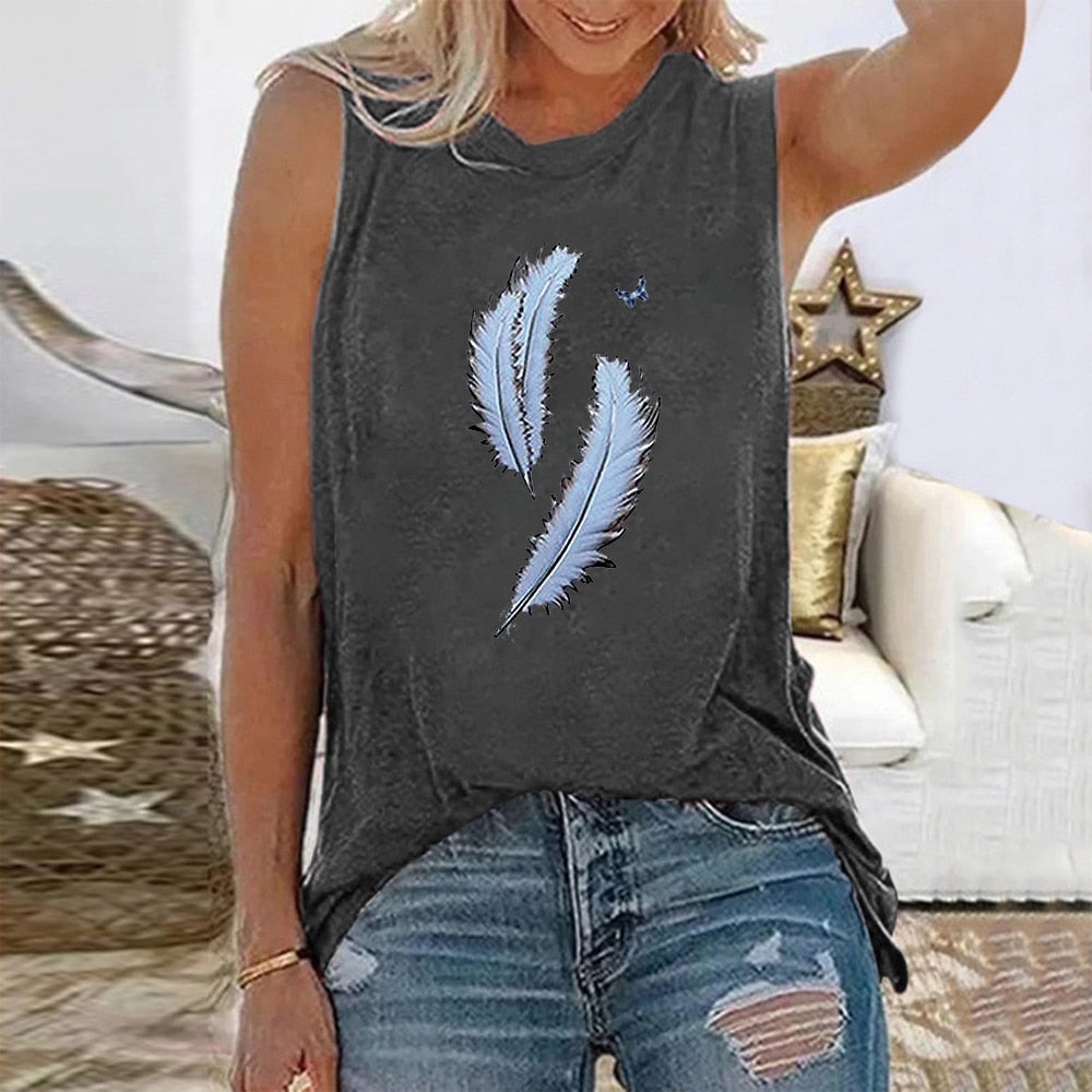 Vintage Feather Print Round Neck Sleeveless Harajuku Tshirt
