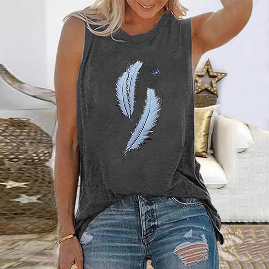 Vintage Feather Print Round Neck Sleeveless Harajuku Tshirt