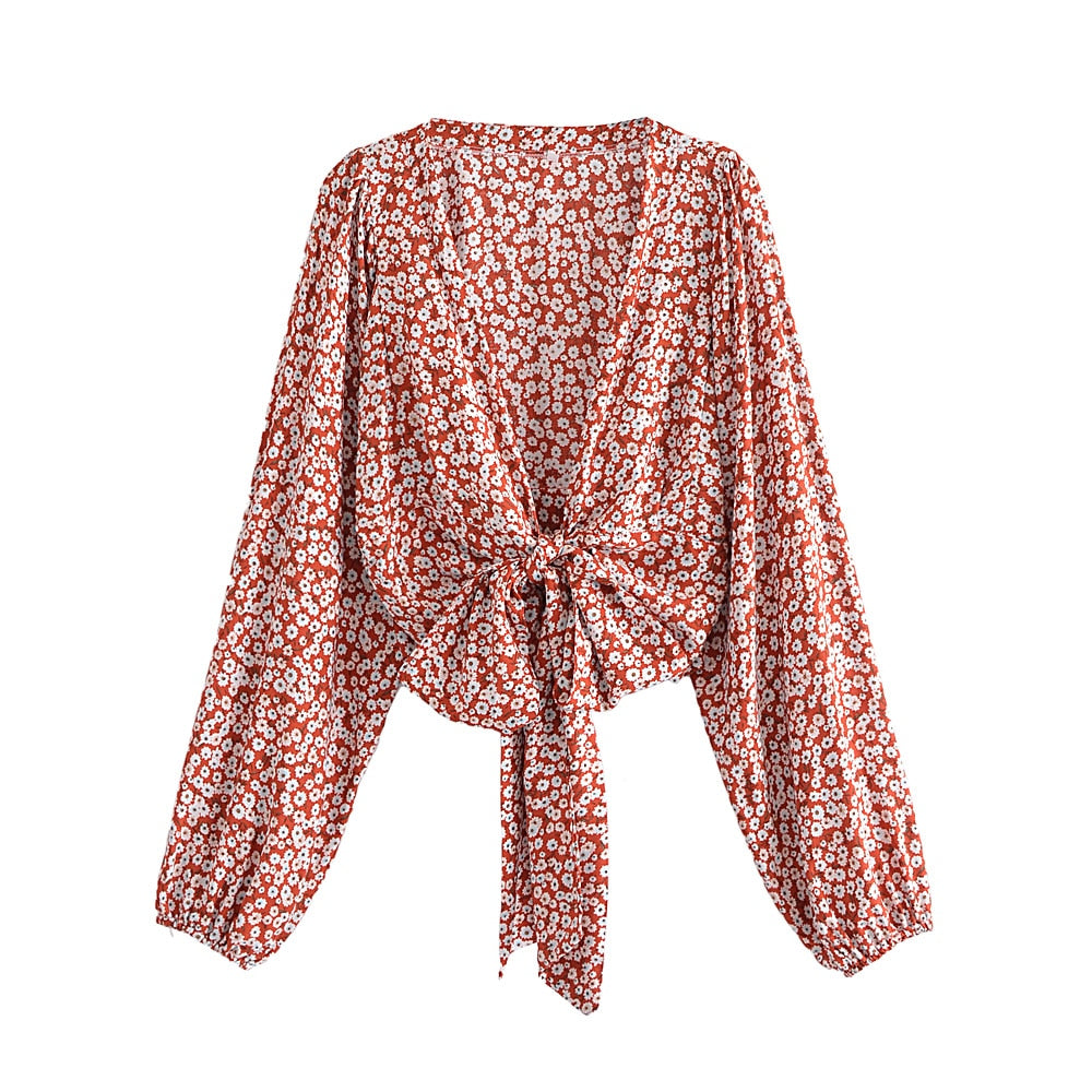 Boho Floral Ladies Bow Beach Robe Cover-up Crop Top
