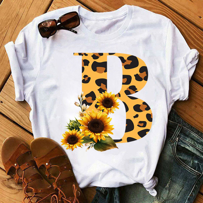 Leopard Sunflower Letter Print T- Shirt