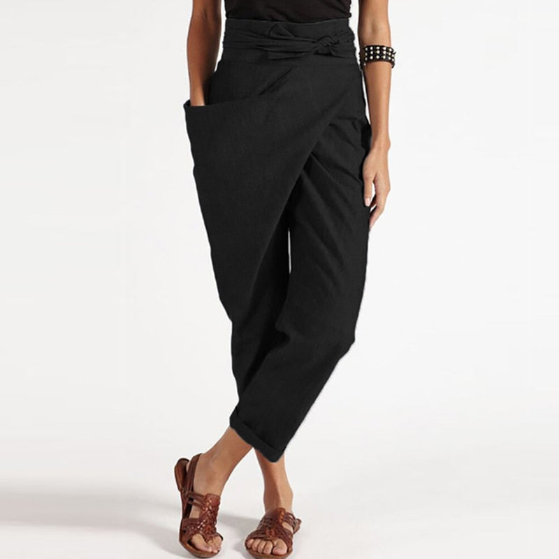 Solid Color Irregular Lacing Loose Cropped Trousers