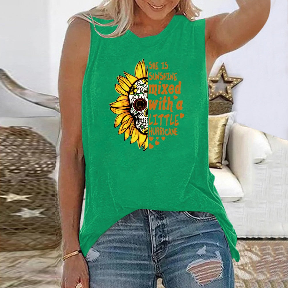 She Is Sunshine Sunflower Skull Funny Graphic Sleeveless Tshirt