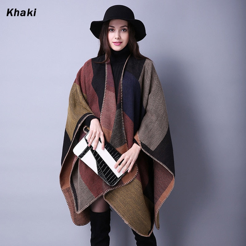 Women Plaid Thick Imitation Poncho Cashmere Cape