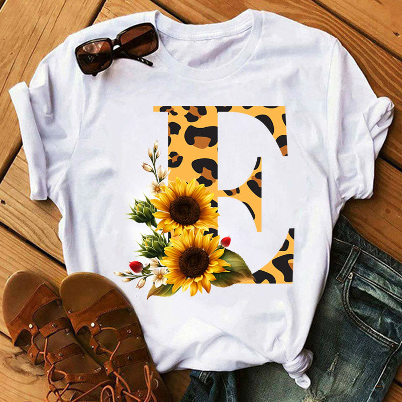 Leopard Sunflower Letter Print T- Shirt