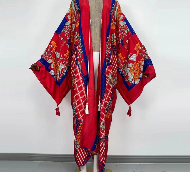 Boho Cotton Self Belted Tunic Kimono Wrap Dress
