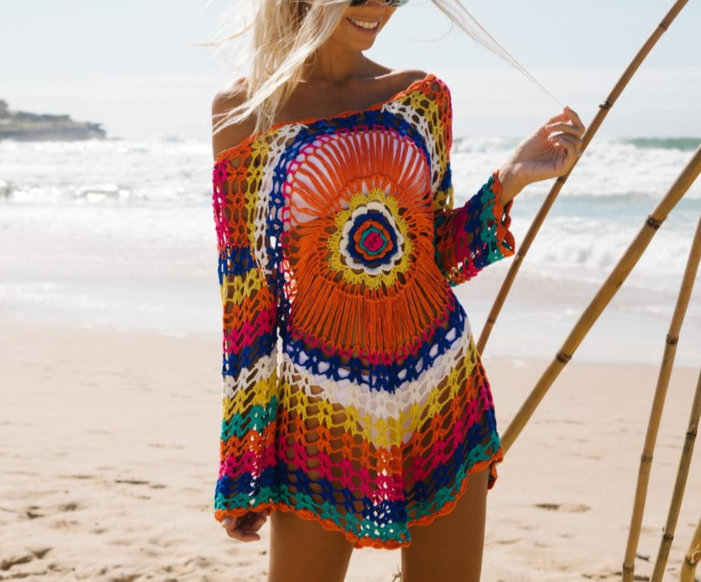 Colorful Knitted Lace-up Kimono Bathing Suit Cover Up Robe