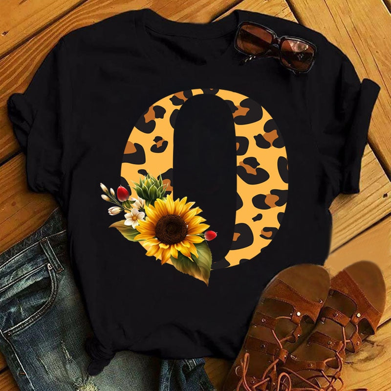 Leopard Sunflower Letter Print T- Shirt