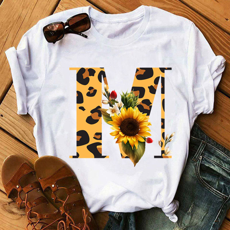 Leopard Sunflower Letter Print T- Shirt