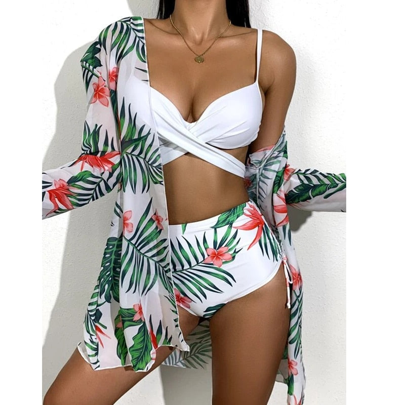 Women Printed High Waist Sexy Bikini And Cover Set - XL