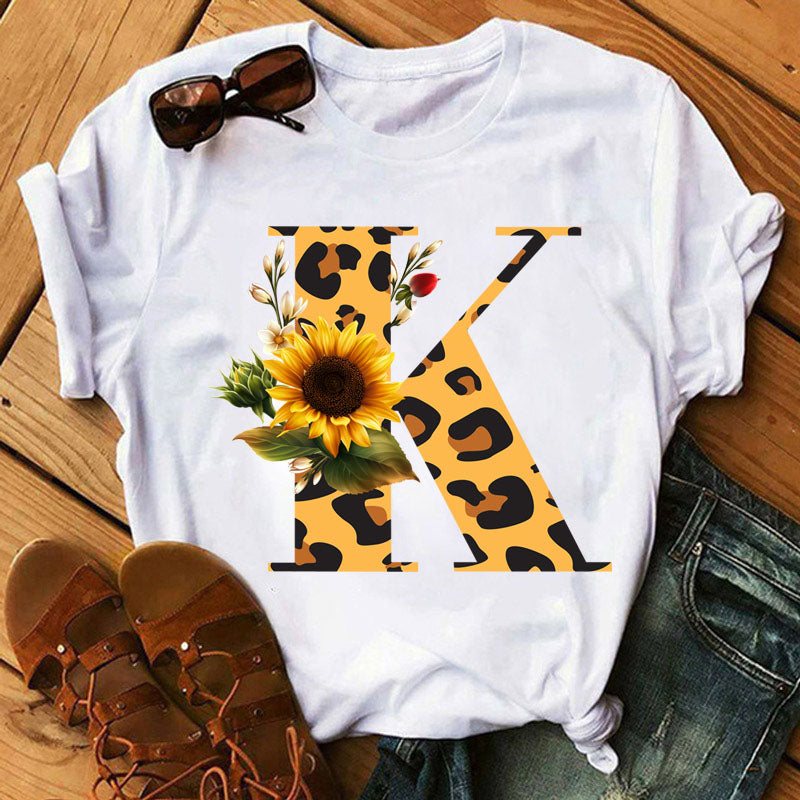 Leopard Sunflower Letter Print T- Shirt