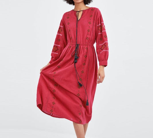 Boho Ethnic Floral Embroidered Cotton Tunic Casual Robe Dress