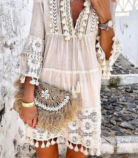 Boho Solid Hollow Out Lace Tassel Long Dress