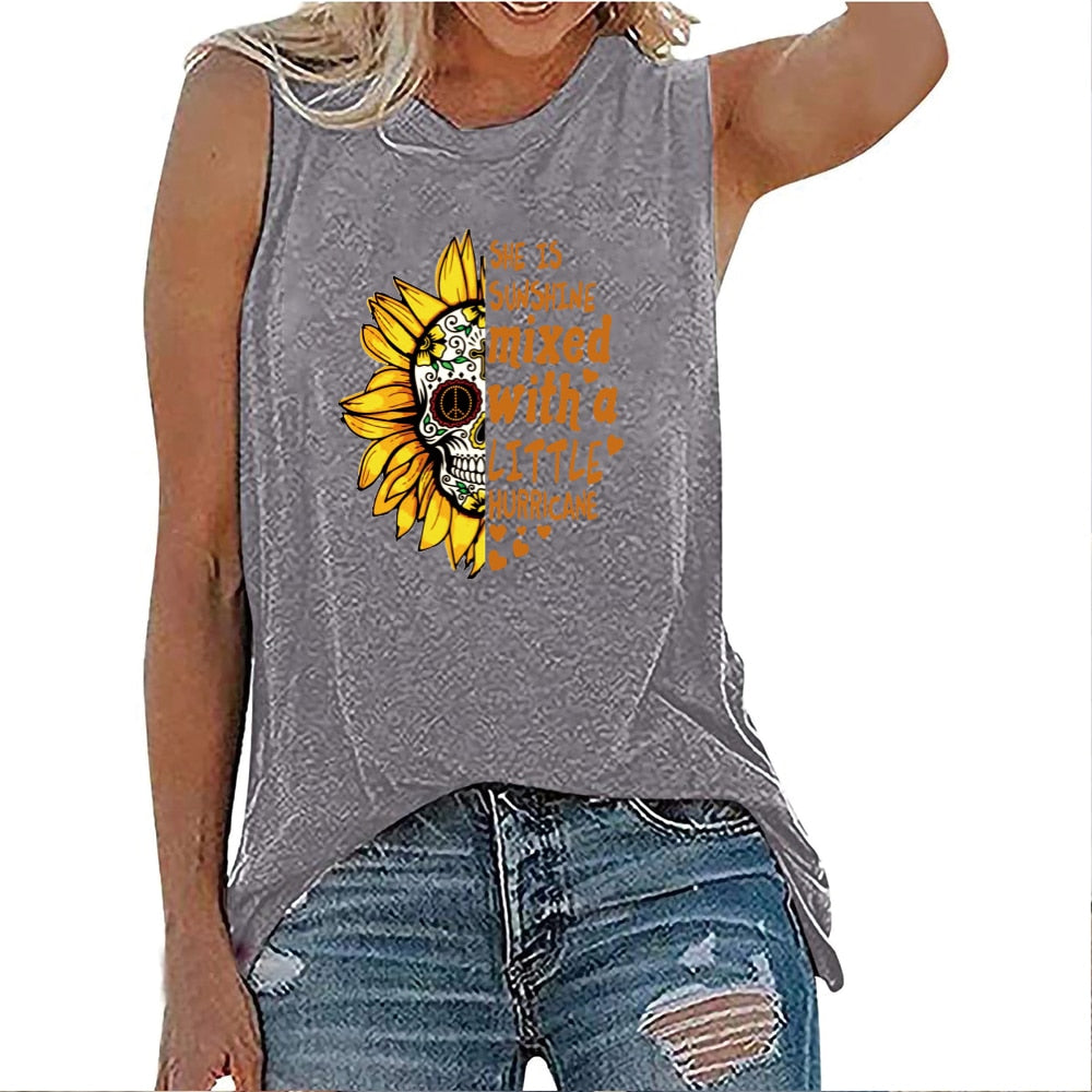 She Is Sunshine Sunflower Skull Funny Graphic Sleeveless Tshirt