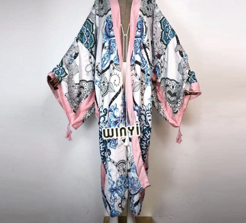 Boho Cotton Self Belted Tunic Kimono Wrap Dress