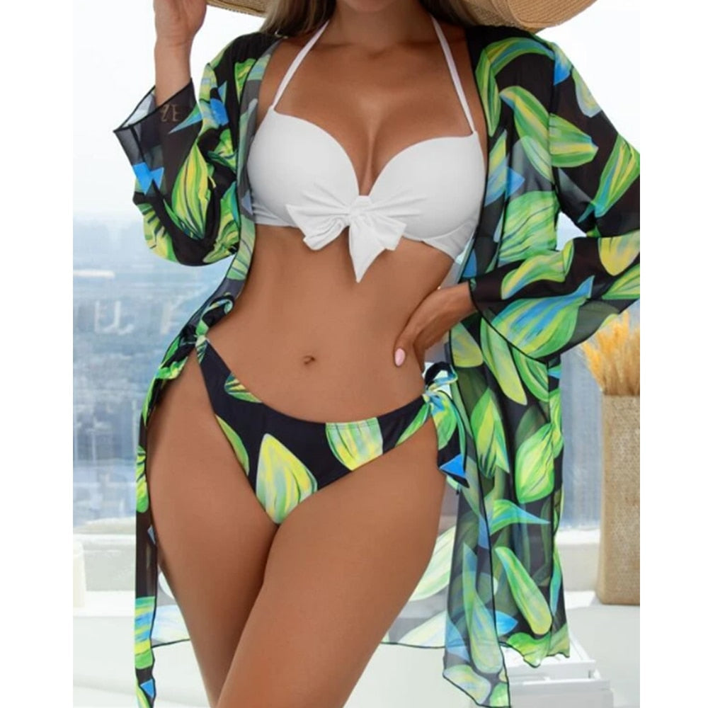 Women Printed High Waist Sexy Bikini And Cover Set - XL
