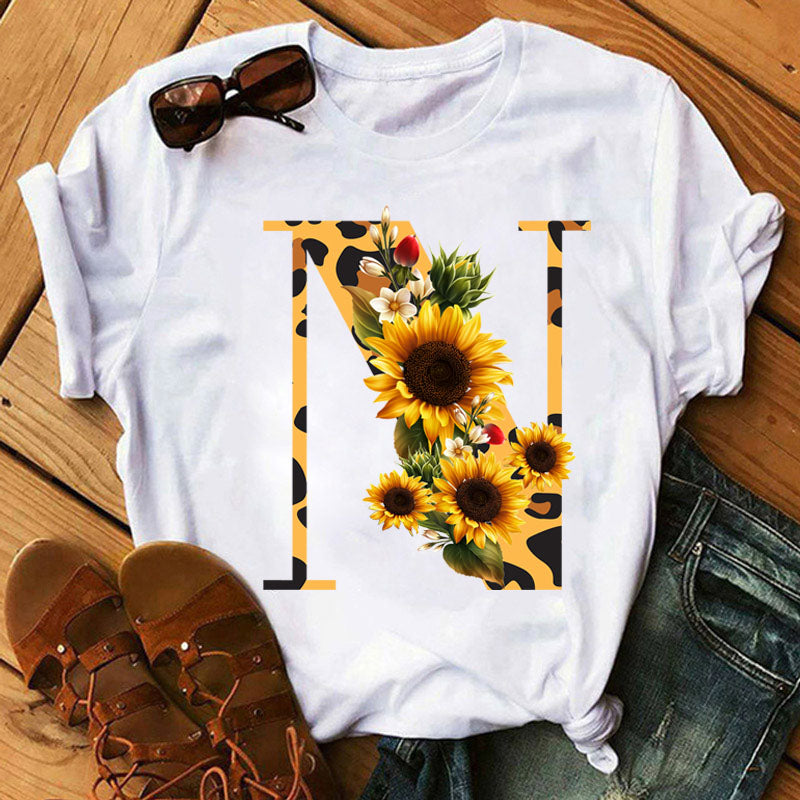 Leopard Sunflower Letter Print T- Shirt