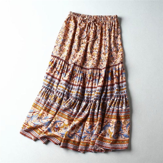 Floral Peacock High Elastic Waist Beach Midi A-Line Rayon Skirt