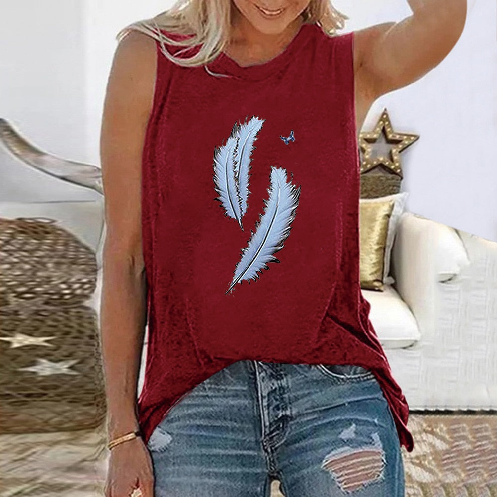 Vintage Feather Print Round Neck Sleeveless Harajuku Tshirt