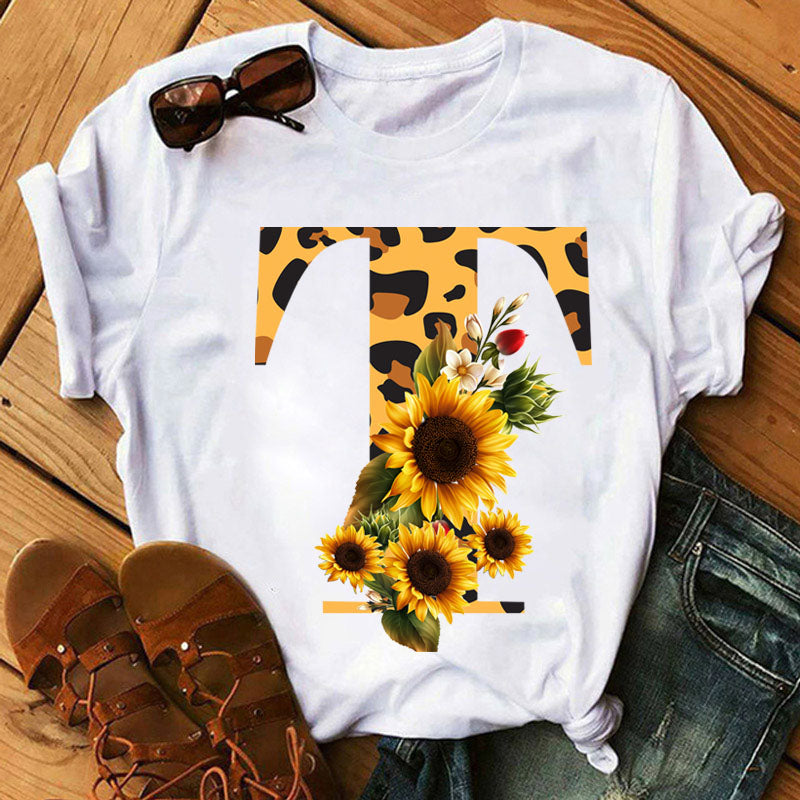 Leopard Sunflower Letter Print T- Shirt