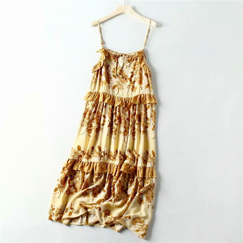 Summer Vintage Floral Tassel Midi Strap Drawstring Beach Dress