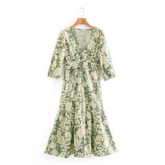 Elegant Floral Print Casual Long Sleeve Split Robe Dress
