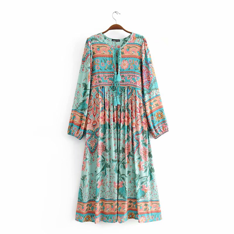 Boho Floral Tassel Rayon Cotton Pleated Maxi Dress