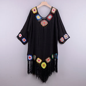 White Hollow Bathing Suit Cover Up With Fringe Trim