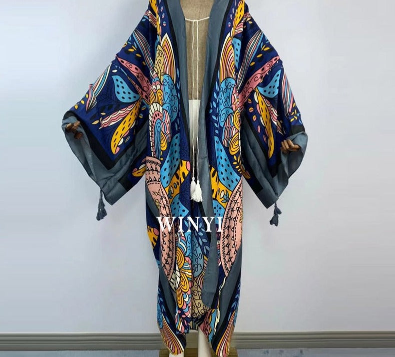 Boho Cotton Self Belted Tunic Kimono Wrap Dress