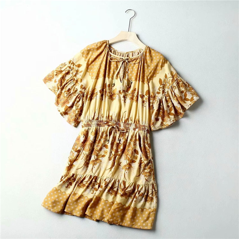 Boho Hippie Flare Sleeve Sashes Elastic Waist Mini Dress
