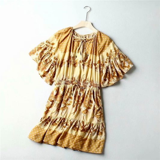 Boho Hippie Flare Sleeve Sashes Elastic Waist Mini Dress