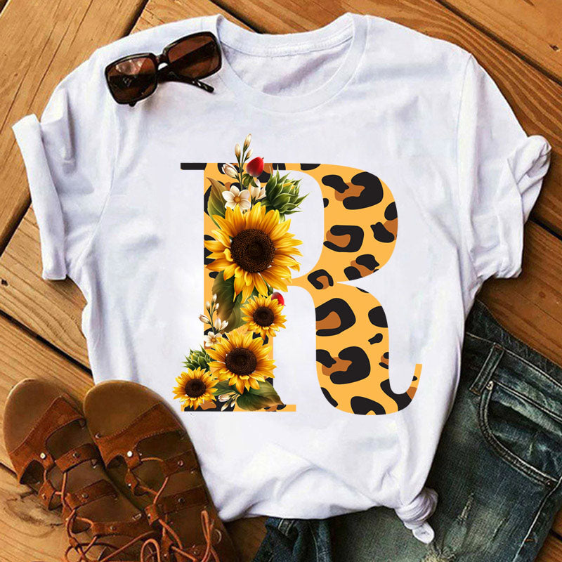 Leopard Sunflower Letter Print T- Shirt