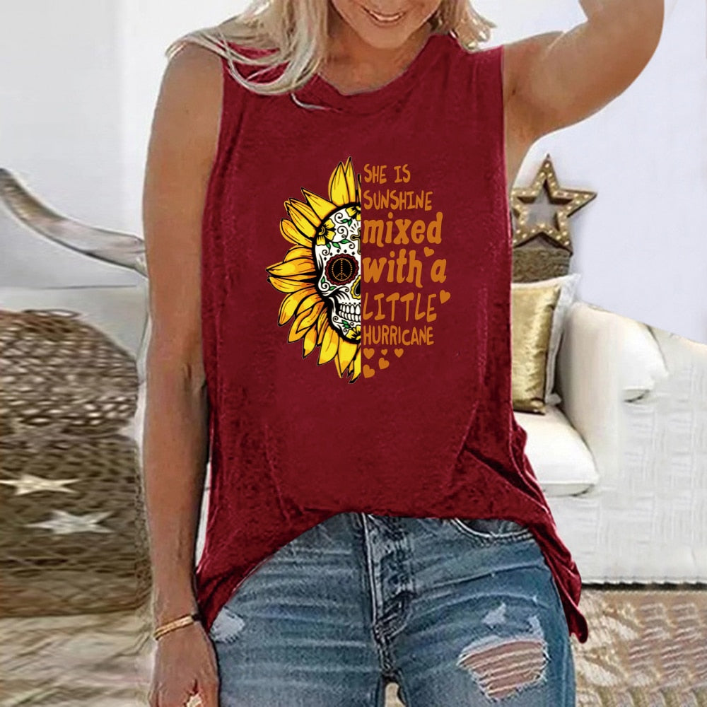 She Is Sunshine Sunflower Skull Funny Graphic Sleeveless Tshirt