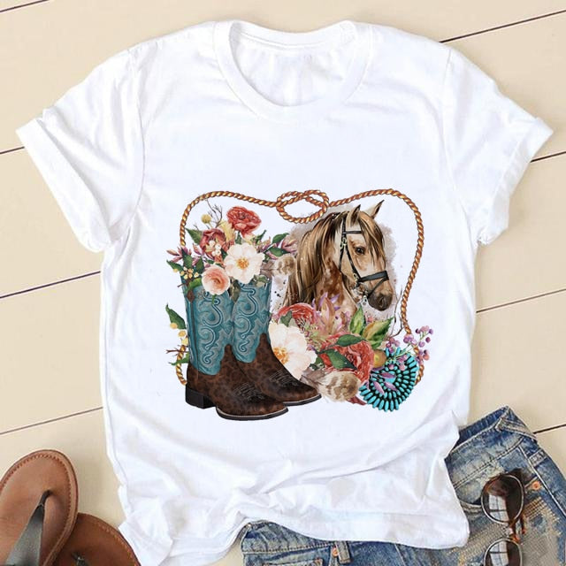 Short Sleeve Love Cartoon Print O-neck T-shirt - size small