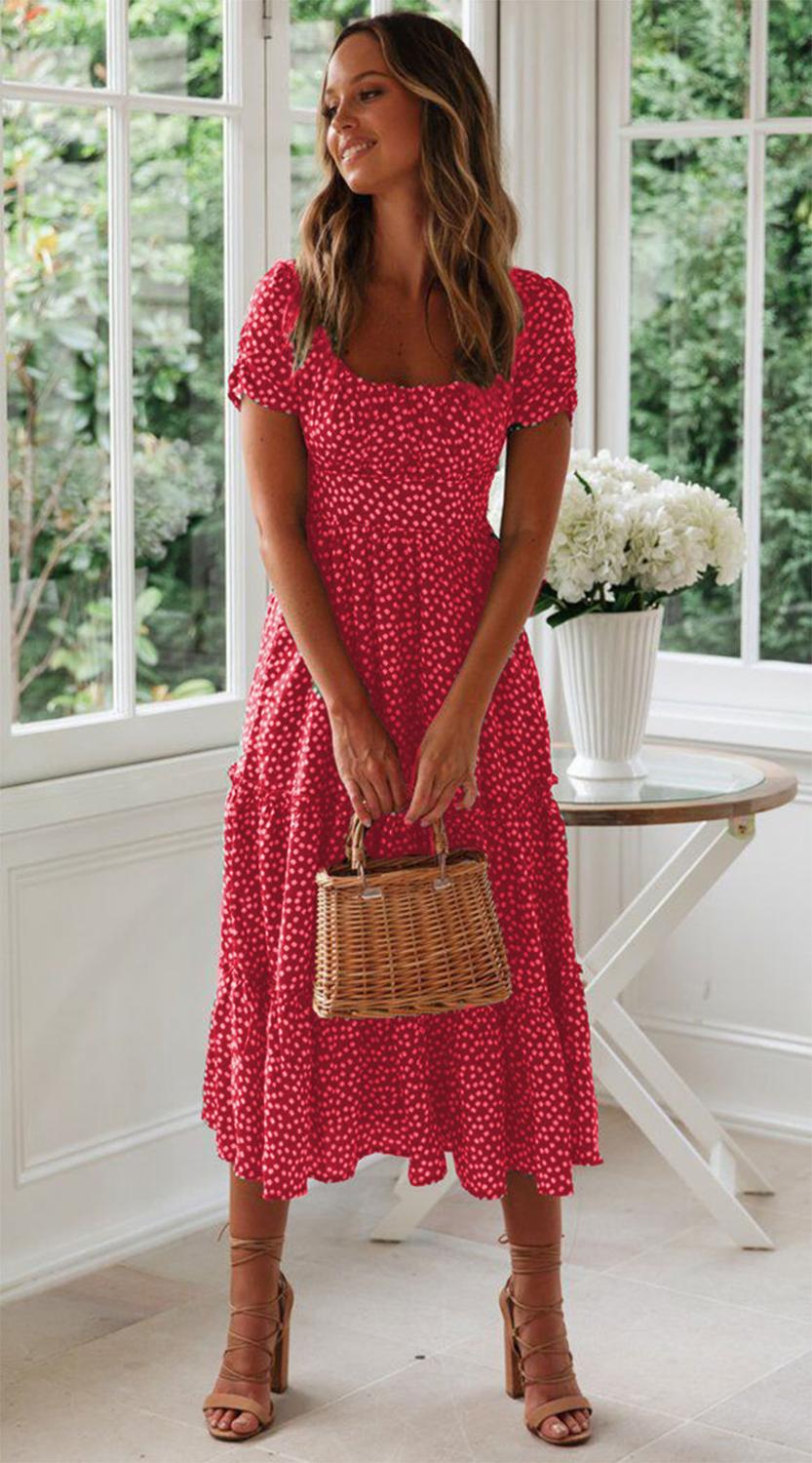 Casual Puff Sleeve Floral Print Long Slim Dress