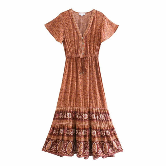Floral Ladies Deep V Neck Button Rayon Maxi Pleated Dress