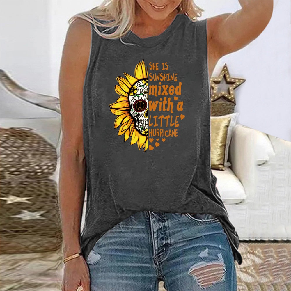 She Is Sunshine Sunflower Skull Funny Graphic Sleeveless Tshirt